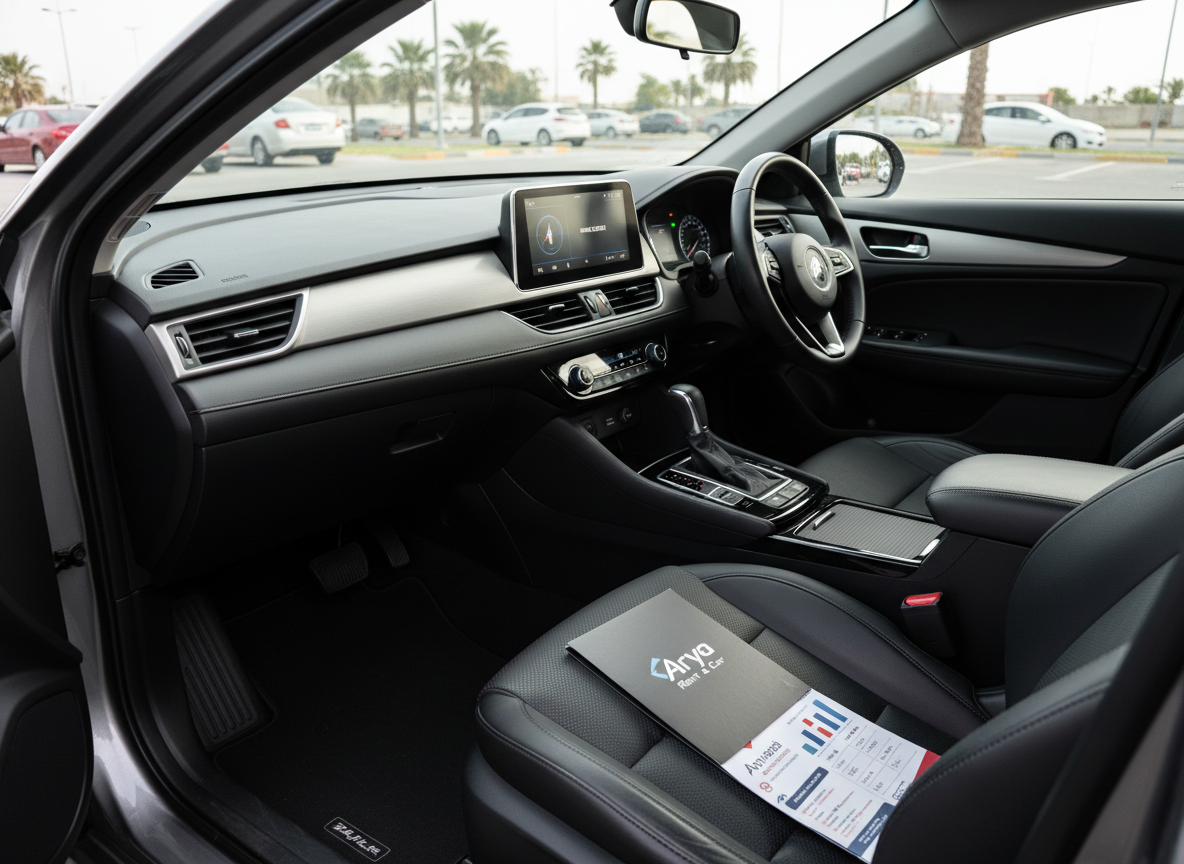 The interior of a pristine rental car prepared for a new customer, captured from the open driver-side door. A modern mid-size sedan features dark perforated leather seats, a clean, dust-free dashboard, and a central touchscreen showing a neutral home screen. On the passenger seat lies a slim, branded black folder with the Arya Rent a Car logo and a visible pricing brochure peeking out. Soft, natural daylight filters through the windshield, creating subtle highlights on the steering wheel and center console while leaving gentle shadows in footwells. Background elements outside the car are softly blurred for focus. Photographic realism, eye-level composition, and a calm, orderly atmosphere emphasize cleanliness, professionalism, and transparent rental information.