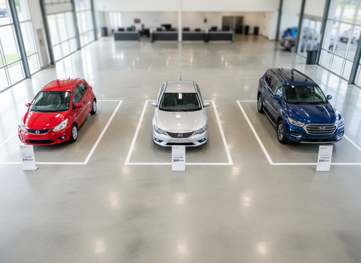 An overhead, slightly angled view of a bright, airy rental car selection area featuring three distinct vehicles: a compact city car in vivid red, a metallic silver family sedan, and a deep blue premium SUV. Each car is parked in its own marked bay on a smooth, light-gray concrete floor with subtle reflections. At the front of each bay, a small, modern pedestal sign clearly shows the car’s name, class, and daily price, legible but not dominant. Soft diffused daylight enters through large unseen windows, balanced with neutral ceiling lighting to avoid harsh shadows. The composition uses a wide-angle photographic realism style with crisp details, evoking clarity, choice, and professionalism, ideal for illustrating vehicle categories and pricing options on a rental website.