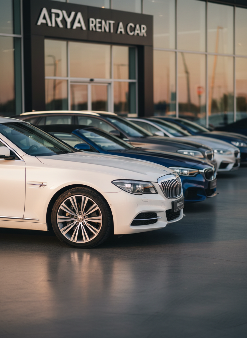 A lineup of premium rental cars parked diagonally in front of a modern glass-front showroom labeled “Arya Rent a Car.” In the foreground, a glossy white mid-size sedan with chrome accents and clean alloy wheels is sharply in focus, its metallic paint reflecting the soft golden hour sunlight. Other vehicles in muted colors form a subtle gradient toward the background, slightly blurred for depth. The pavement is clean, with faint reflections from the cars. The lighting is warm and natural, creating gentle highlights on body curves and soft shadows underneath. Photographic realism, eye-level composition using the rule of thirds, conveying a professional, trustworthy, and elegant car rental brand without any people present.