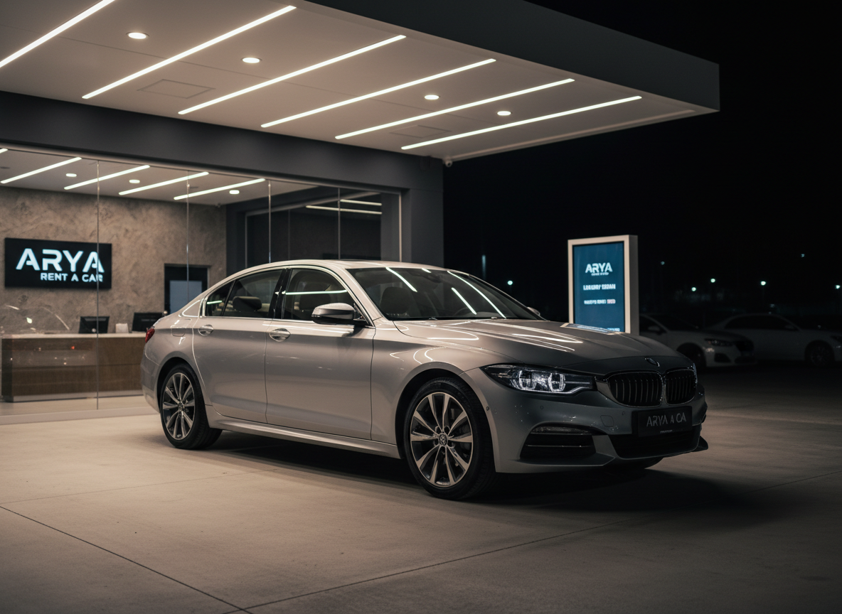 A night-time scene of a single elegant silver sedan from Arya Rent a Car parked under a modern, well-lit canopy outside the rental office. The car’s bodywork catches pools of warm light from overhead LED fixtures, creating striking reflections along its sides and casting a crisp shadow on the clean concrete. Behind the vehicle, a glass wall reveals a minimalist reception area with subtle signage and hints of other cars, blurred for depth. A digital display panel beside the car softly glows with the vehicle’s name and special nightly rate, clearly readable. The mood is secure, professional, and slightly cinematic, with photographic realism, a low-angle three-quarter view, and rich contrast between the dark surroundings and the illuminated car.